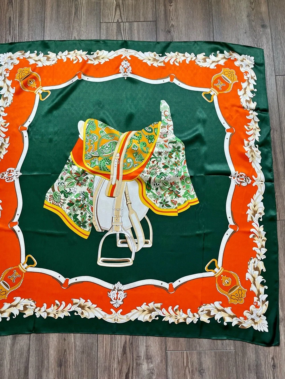 100% silk Equestrian Saddle Print Scarf in Green & Orange 34/34 inches
